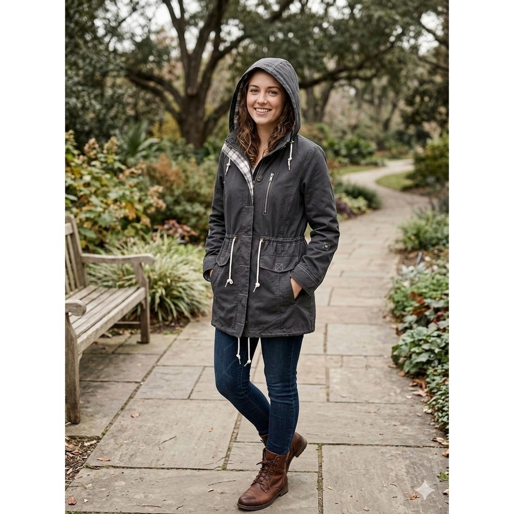 Mo-Ka Santa Fe‎ Apparel Womens Utility Jacket Gray Plaid Lined Parka Large